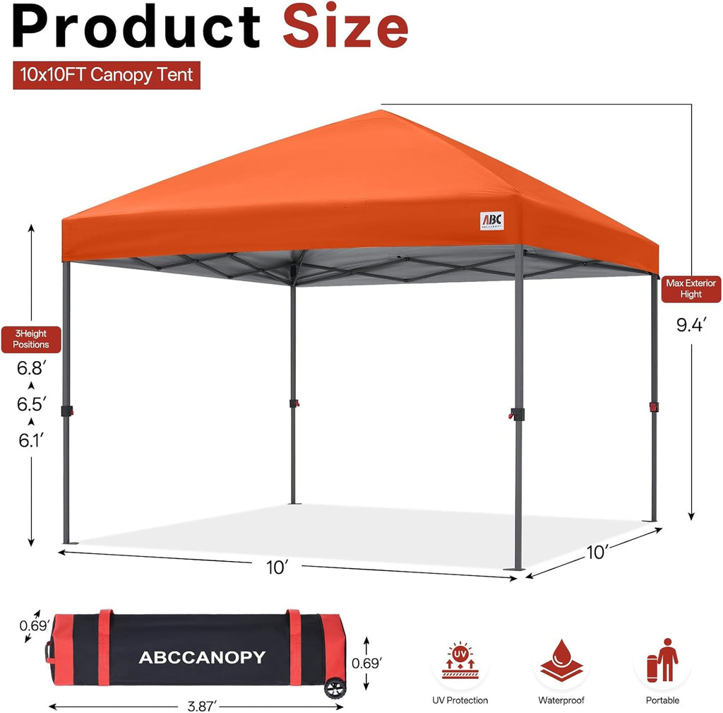 ABCCANOPY 10x10 Pop Up Canopy Tent, Easy Setup Instant Shelter with Wheeled Bag, Heavy Duty Outdoor Canopy for Beach, Market, Backyard, UV Protection, Outdoor Weather Protection (Orange, 10x10)