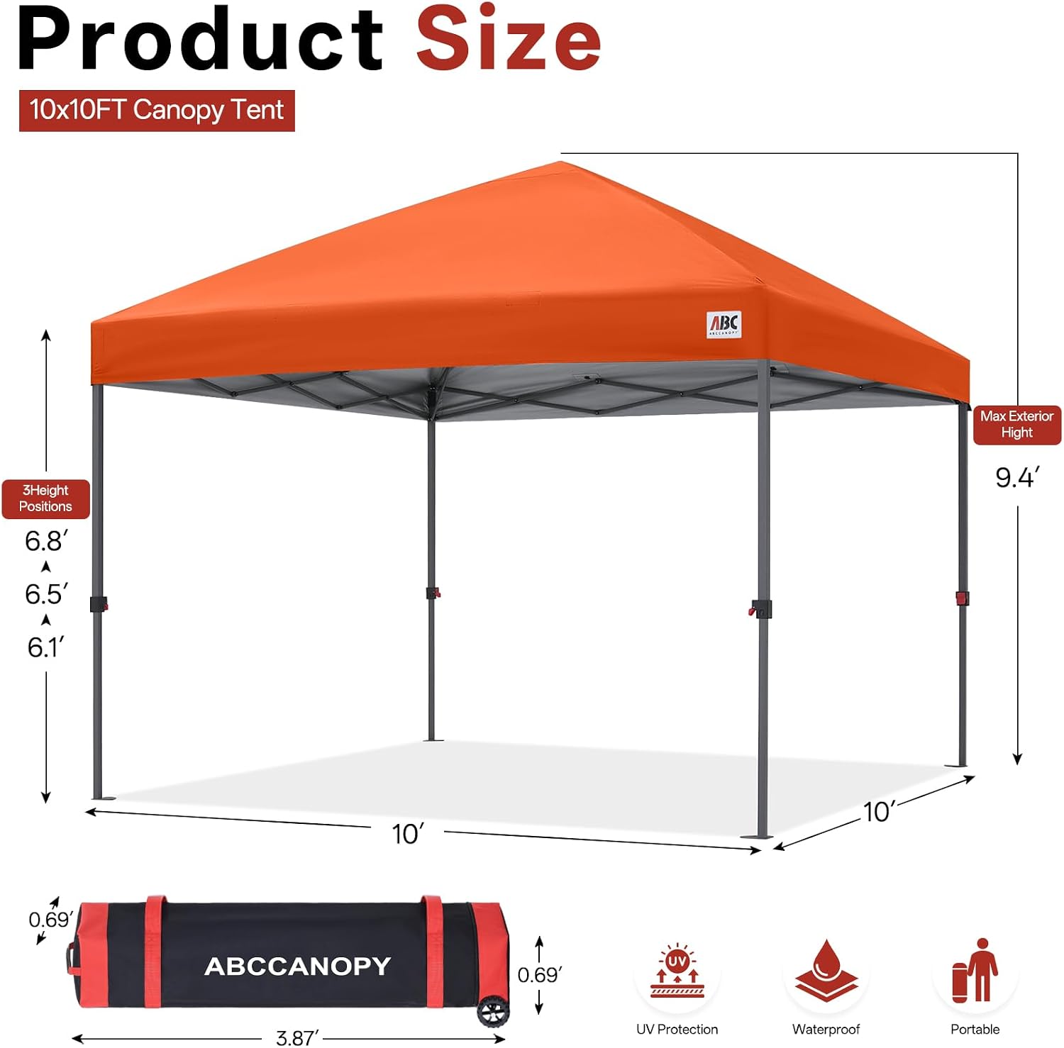ABCCANOPY 10x10 Pop Up Canopy Tent, Easy Setup Instant Shelter with Wheeled Bag, Heavy Duty Outdoor Canopy for Beach, Market, Backyard, UV Protection, Outdoor Weather Protection (Orange, 10x10)
