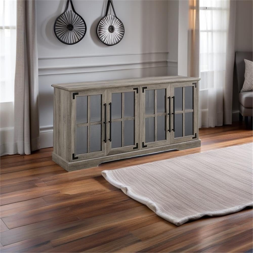 Pemberly Row Farmhouse 4 Door Wood TV Stand, Gray Wash Finish, Fits TVs up to 58', Adjustable Shelves, Cord Management, Tempered Glass Doors, Rustic Handles, Metal Accents, 28'H x 16'W x 58'D Media
