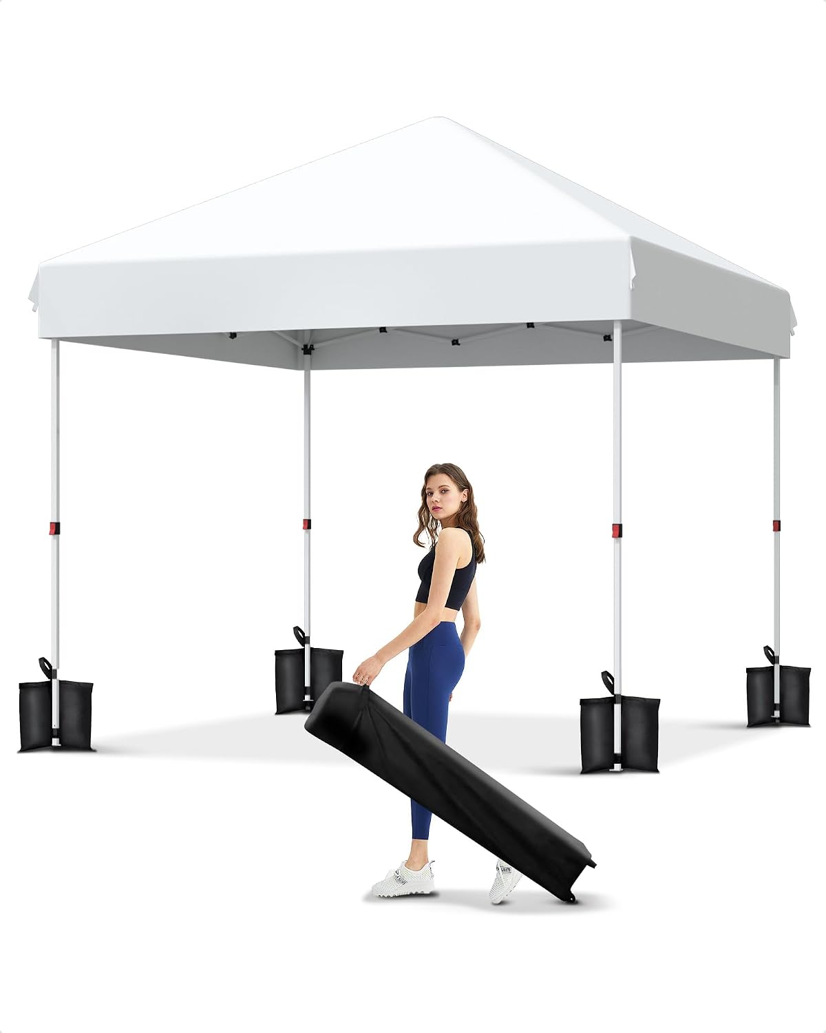 10x10 Pop Up Canopy Tent，Gazebos One-Button Instant Setup, Heavy-Duty 210D Oxford Fabric & Rust-Proof Frame - 3 Adjustable Heights, Roller Bag, 4 Sandbags - UV Protection for Beach, Party