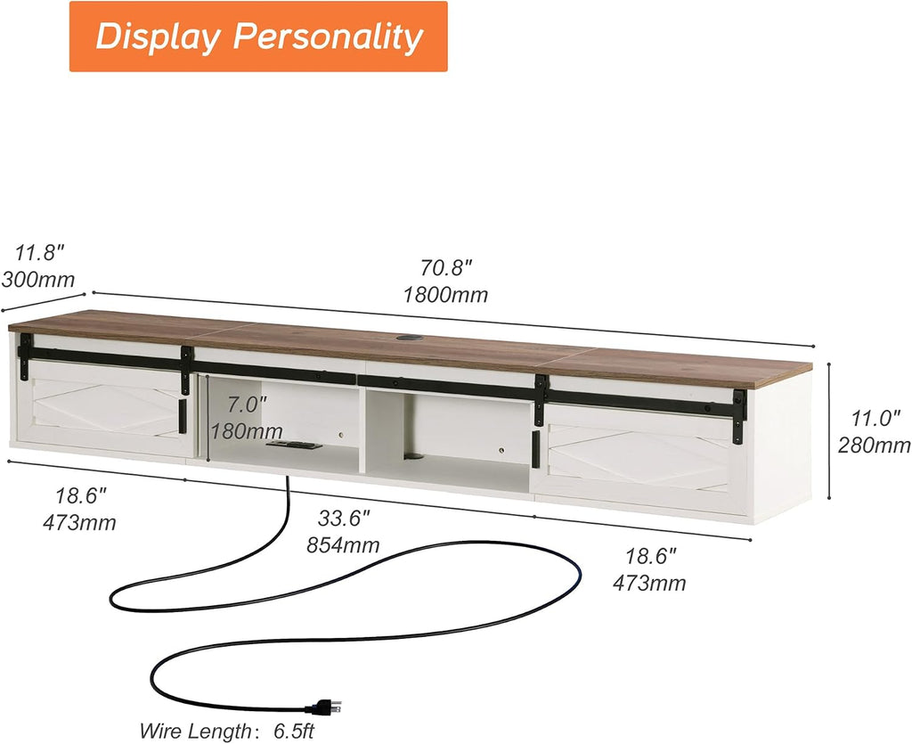 WAMPAT Floating TV Stand for TVs up to 80 Inch, Wood Entertainment Center with Charging Station, Sliding Barn Door Floating TV Shelf for Living Room,Antique White