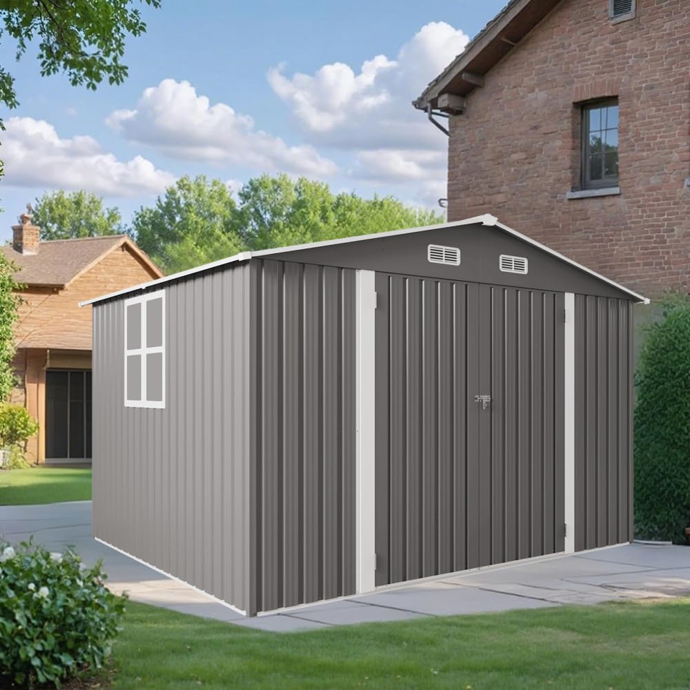 10 x 8 FT Outdoor Storage Shed with Lockable Doors, Metal Garden Tool Shed with Air Vent & Clear Window, Large Utility Storage for Lawn Equipment, Bicycles, Patio & Backyard - Gray
