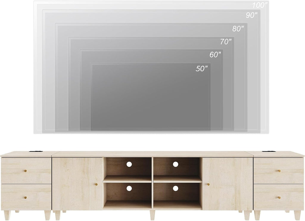 WAMPAT 3-in-1 TV Stand w/Doors&Charging Station, 105' Modern Wood Entertainment Center Media Console for 110+ inch TVs, TV Cabinet w/Shelves&4 Drawers for Living Room, Bedroom, Light Oak