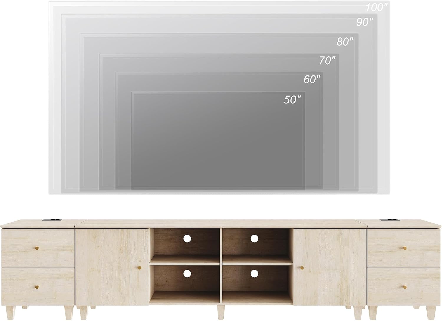 WAMPAT 3-in-1 TV Stand w/Doors&Charging Station, 105' Modern Wood Entertainment Center Media Console for 110+ inch TVs, TV Cabinet w/Shelves&4 Drawers for Living Room, Bedroom, Light Oak