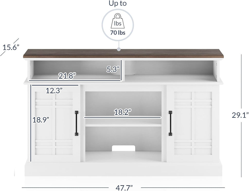 BELLEZE Modern 48' Farmhouse Wood TV Stand & Media Entertainment Center Console Table for TVs up to 50 Inch with Open Storage Shelves & Cabinets - Norrell (White)