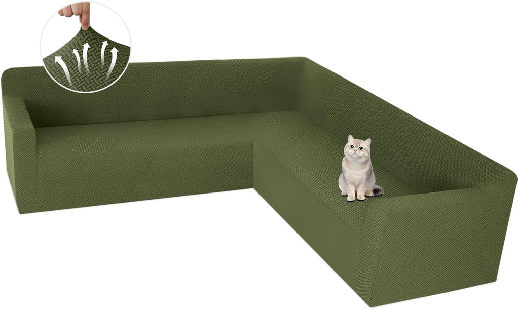 ALIECOM Stretch Corner Sectional Couch Covers L Shape Sofa Covers Washable Sectional Slipcovers U Shape Jacquard Living Room Pet Dogs Furniture Protector with Elastic Bottom (Avocado Green, Middle)