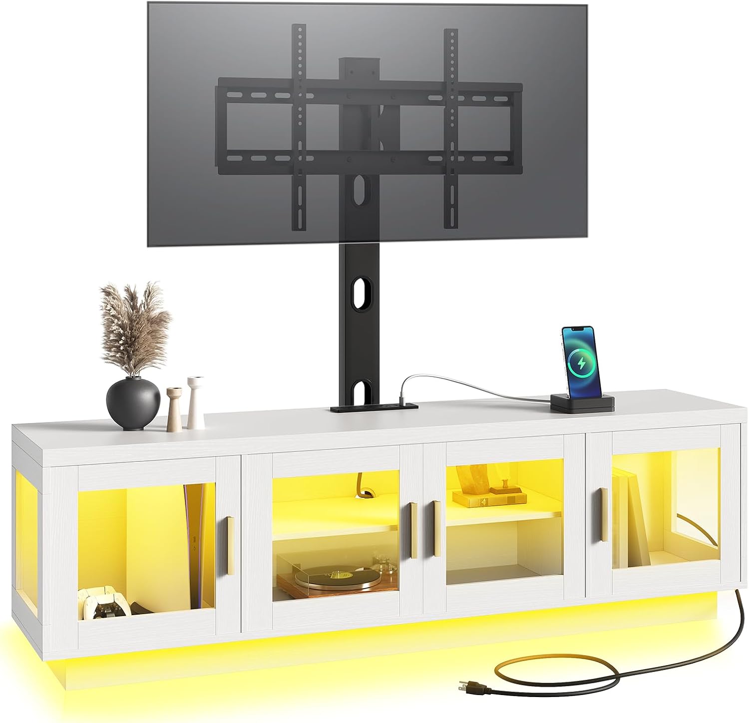 RALGEND TV Stand with Mount and Power Outlet, Swivel TV Stand Mount with LED Lights for 32/45/55/60/65/70/75 inch TVs, Entertainment Center Media Console with Height Adjustable Mount, White and Black