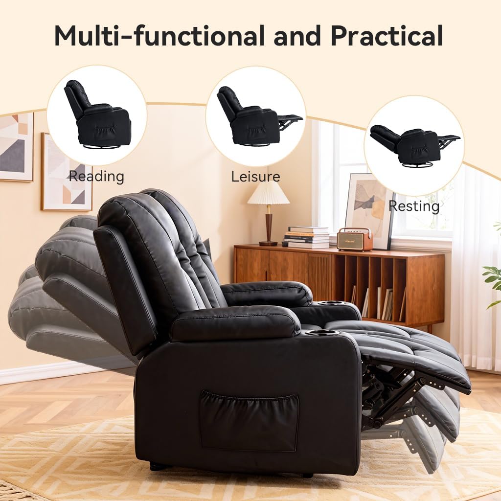 COMHOMA Living Room Furniture Set,Faux Leather Manual Recliner Sofa Sets with Cup Holders,Reclining Couch,Loveseat and Armchair,3+1,Black