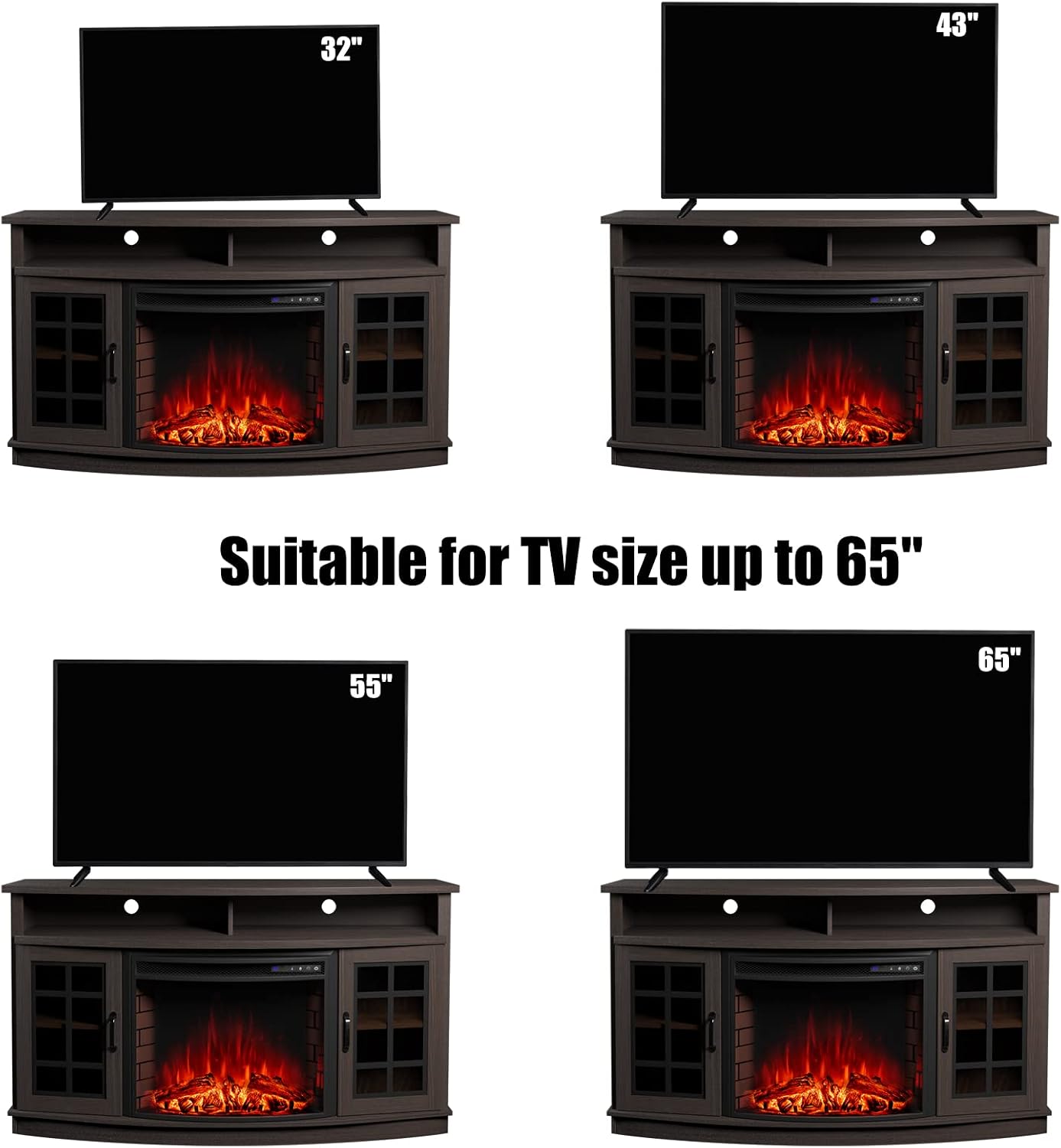 AMERLIFE Curved Fireplace TV Stand with 26'' Electric Fireplace, Media Entertainment Center Farmhouse Glass Door Storage Cabinet, Open Shelve Console Table for TVs up to 65'', Espresso