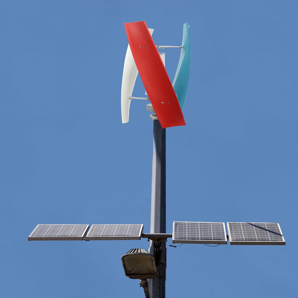 100W Vertical Axis Wind Turbine Generator, Permanent Magnet Generator with Intelligent Controller, Low Noise Helical Design Windmill for Home, Boats, Street Lighting (12V,100W, Blue+White+Red)