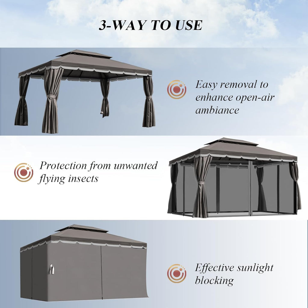 10x13 Gazebo for Patio, Outdoor Gazebo with Mosquito Netting & Curtains, Double Tier Roof Round Leg Marquee Canopy Shelter for Garden, Deck, Backyard, Lawn (D/Gry)