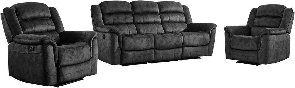 EBELLO 3 Pieces Reclining Living Room Set, Soft Fabric Manual Recliner Sofa Furniture Set, Includes 2 Overstuffed Recliner Chairs and one 3 Seat Sofa, Grey
