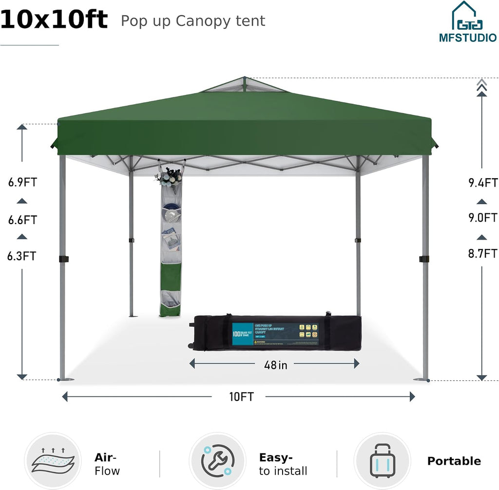 MFSTUDIO 10x10 Pop up Canopy Tent, Gazebo Shelter Sun Shade Canopies One Push Setup Portable Popup Easy Set up Tents with Vented Top,Storage,4 Sandbags,for Beach,Parties,Camping