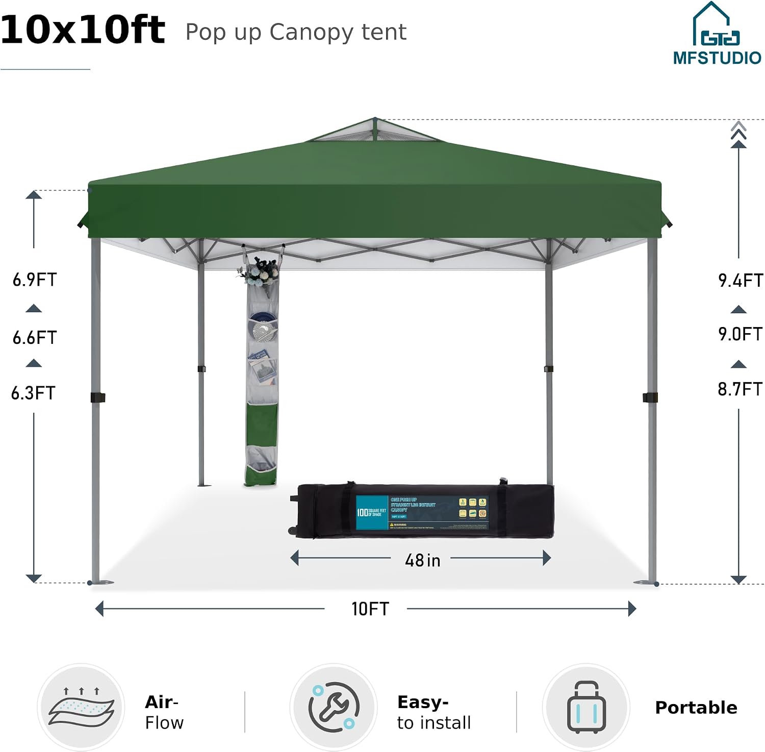 MFSTUDIO 10x10 Pop up Canopy Tent, Gazebo Shelter Sun Shade Canopies One Push Setup Portable Popup Easy Set up Tents with Vented Top,Storage,4 Sandbags,for Beach,Parties,Camping