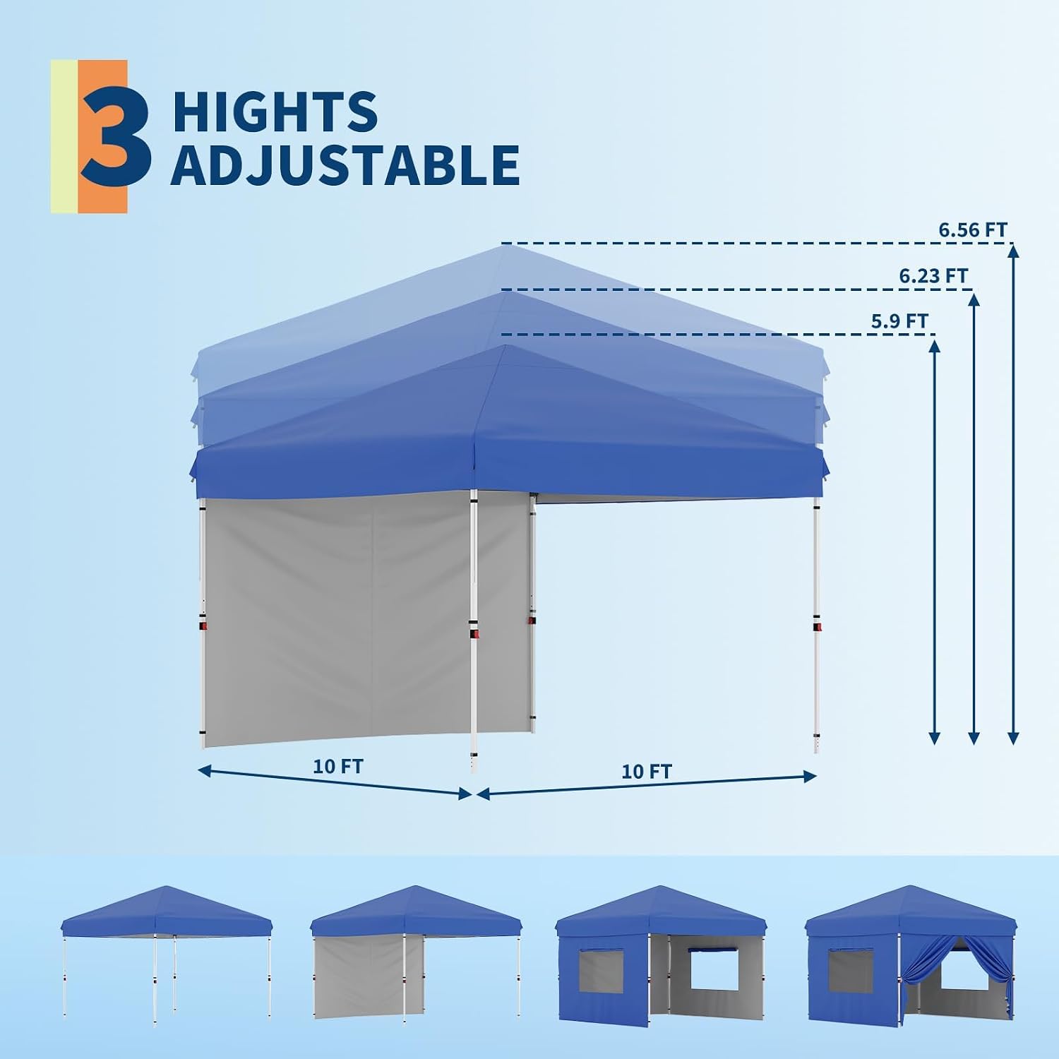 10x10 Pop Up Canopy, GarveeLife Heavy Duty Canopy Tent with One-Button Push Setup, Portable Roller Bag and 1 Sidewall, Pop Up Canopies with Adjustable Height and 4 Weight Bags (Blue, 10x10 1sidewall)