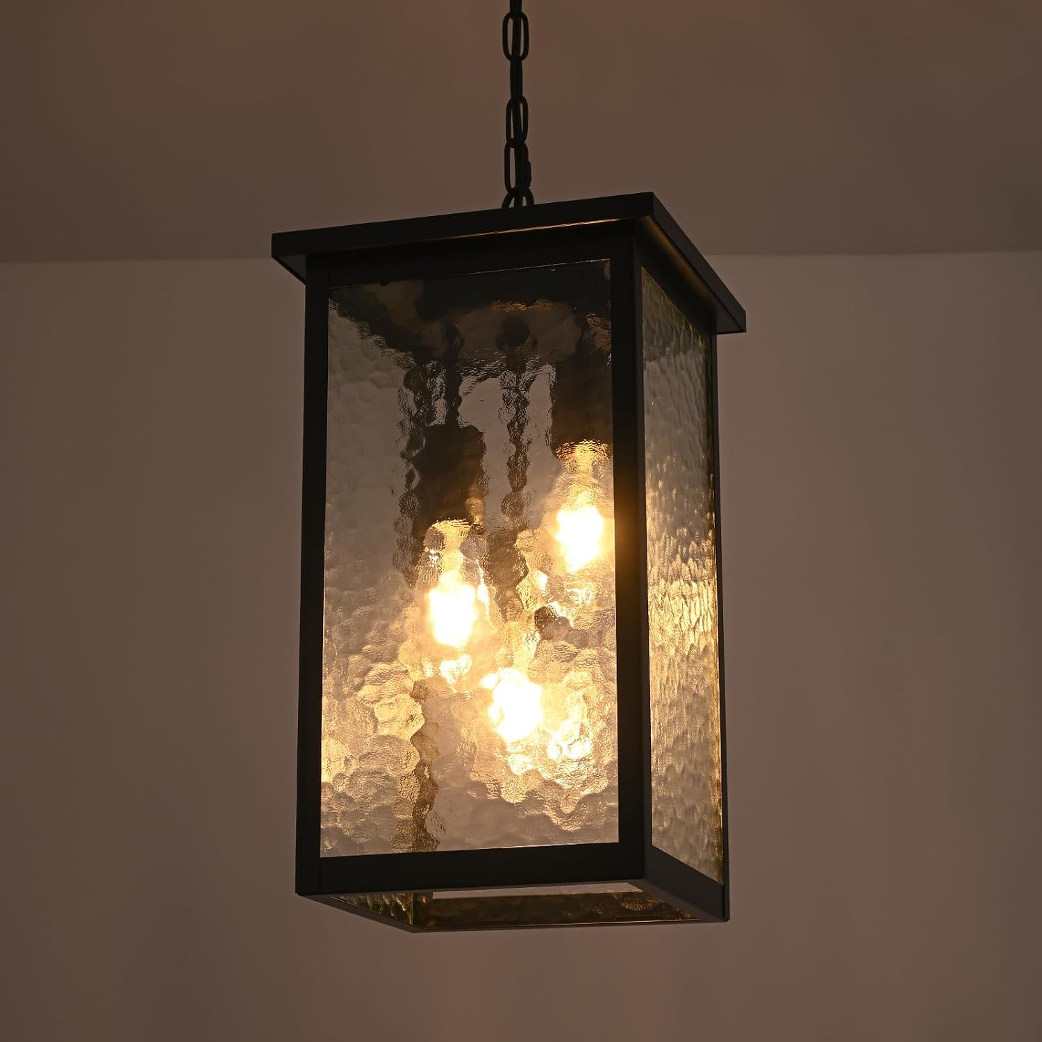 17'' Large Outdoor Pendant Lights for Porch, 3-Lights Matte Black Exterior Hanging Lantern with Hammer Glass, Outdoor Chandelier Ceiling Light Fixture for Patio, Gazebo, Entryway