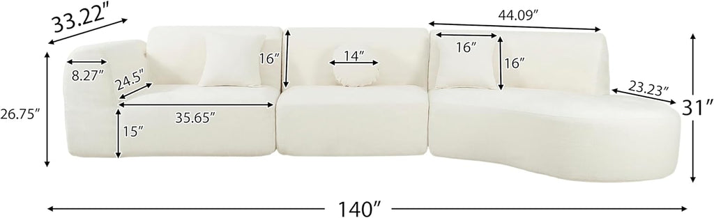 Merax 140' Curved Polyester Sectional Sofa Set, 7 Seat Modern Cloud Couch with Chaise Lounge, 3 Pillows, Fully Assembled for Living Room, Beige