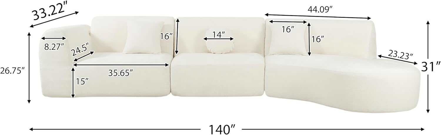 Merax 140' Curved Polyester Sectional Sofa Set, 7 Seat Modern Cloud Couch with Chaise Lounge, 3 Pillows, Fully Assembled for Living Room, Beige