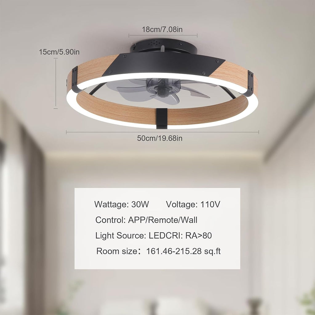 Garwarm 20IN Low Profile Ceiling Fans with Lights and Remote, 30W Fandelier Ceiling Fan Flush Mount,3000K-6500K Dimmable Bladeless LED Fan Light for Bedroom Kitchen Living Room Dining Room