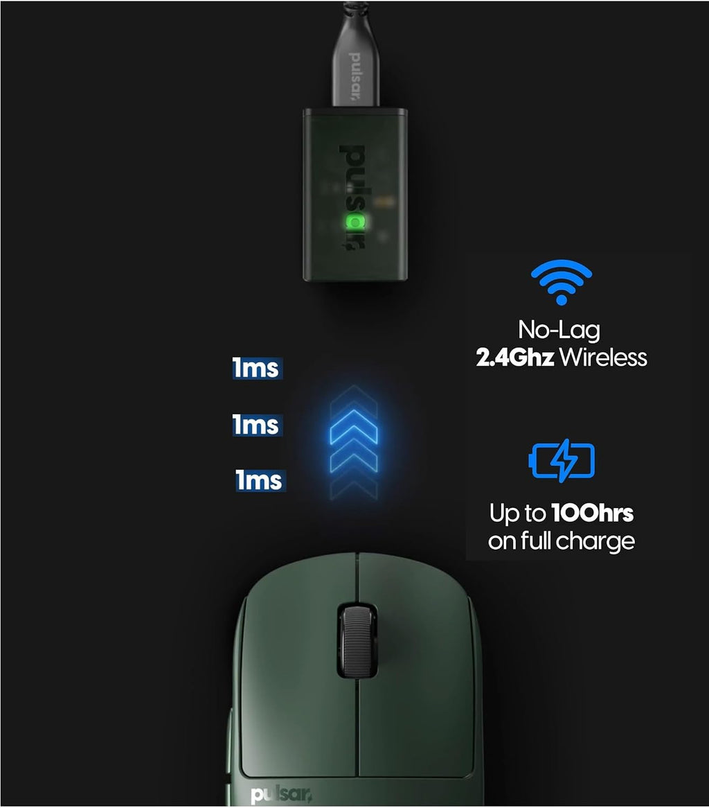 Pulsar Gaming Gears X2H mini Wireless Gaming Mouse, Founder's Edition, Ultra Lightweight 1.83 oz (52 g), Symmetrical, Optical Switch, 2.4 Ghz 1 ms, 26000 DPI, PAW3395 Sensor (Mini, Wireless, Green)
