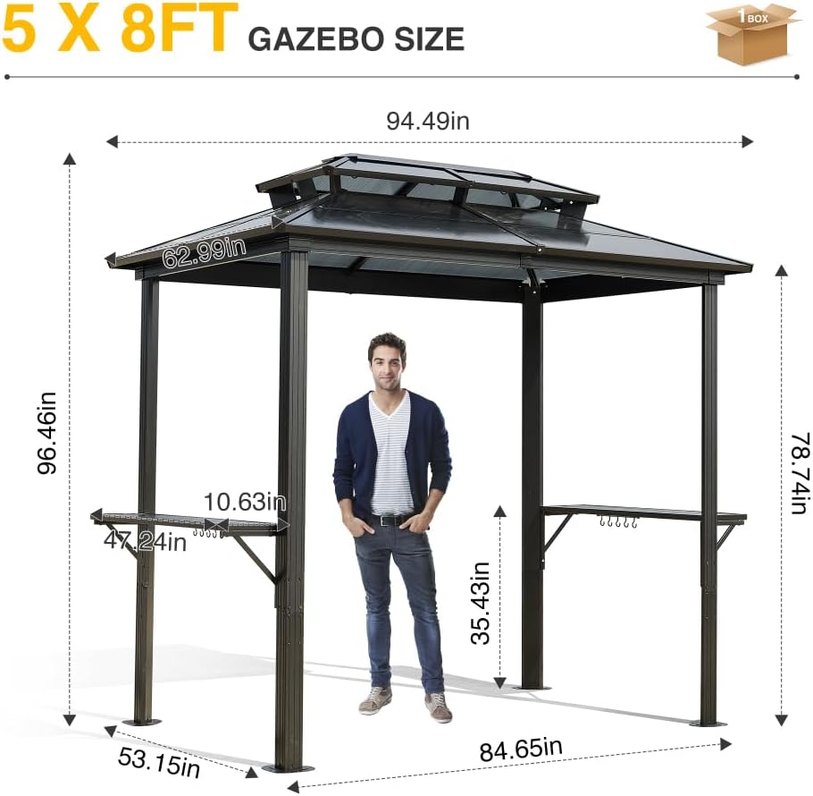 Outdoor Grill Gazebo 8x8FT, Hardtop BBQ Shelter with UV-Resistant Polycarbonate Roof & Storage Hooks for Patio, Lawn, and Garden