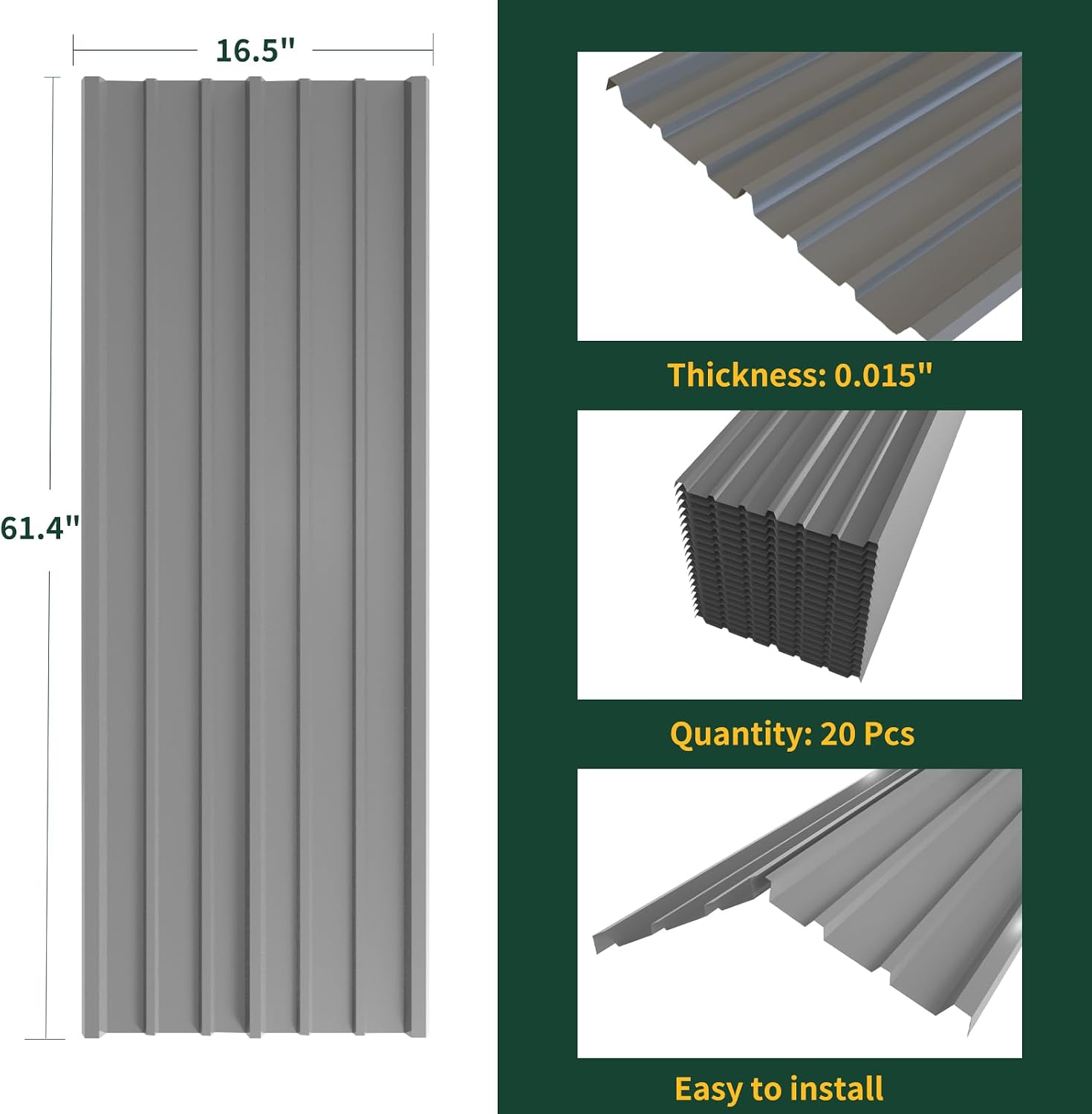 NeatiEase 20 Pcs Metal Roofing Panels, 5.1 Feet Corrugated Galvanized Roofing Panels Metal Siding Panels with Steel Screws for Pergola, Gazebo, Shed, Outdoor Storage, Chicken Coop, Patio,Garages