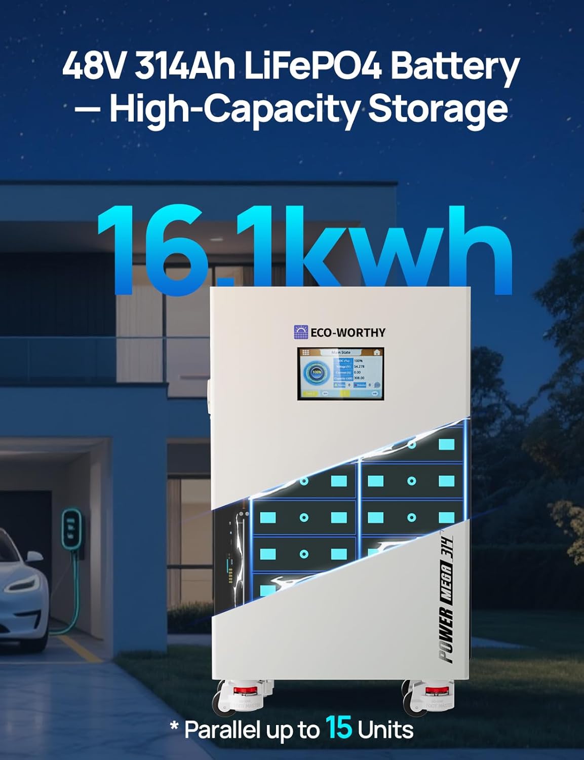 ECO-WORTHY Energy Storage System, Powermega 48V 314Ah(V2) LiFePO4 Battery with 5kW Inverter, Active Balancing BMS, Built-in Bluetooth and WiFi, Communication-Ready for Home Backup, Emergency Use