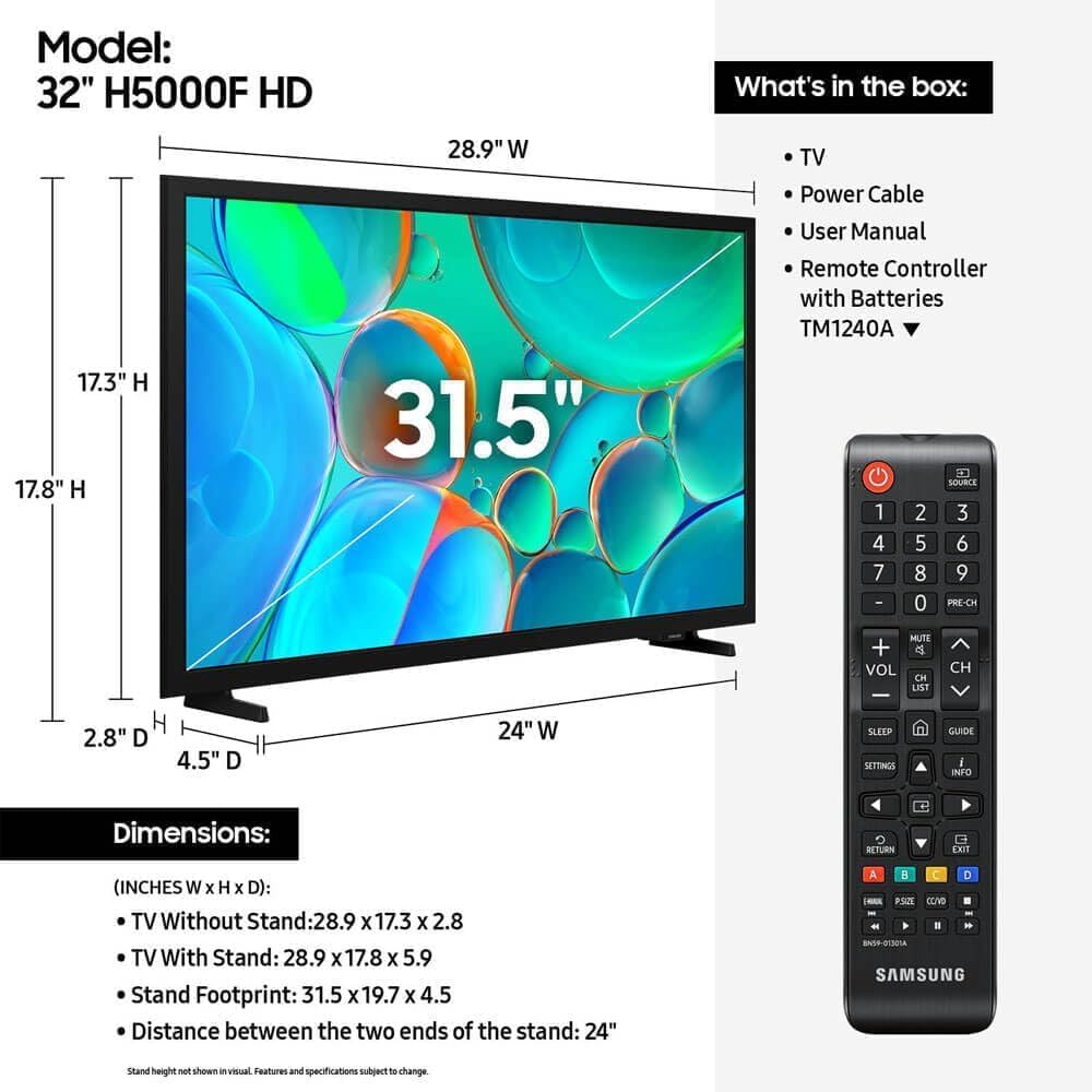 Samsung 32-Inch Smart LED TV Bundle - HD 720p, HDR, Bluetooth, w/ 12 Month CPS Protection, AUX HDMI Cable, and Screen Cleaning with Microfiber Cloth.