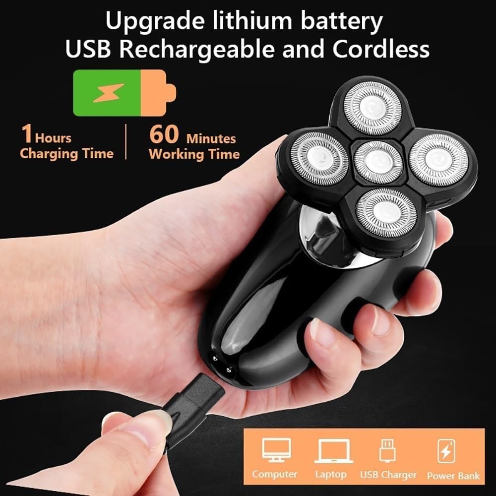 Electric Shavers for Bald Men, 5 in 1 Electric Razor for Men Bald Head Shaver LED Display Nose Hair Beard Trimmer Clippers Facial Cleansing Brush USB Rechargeable