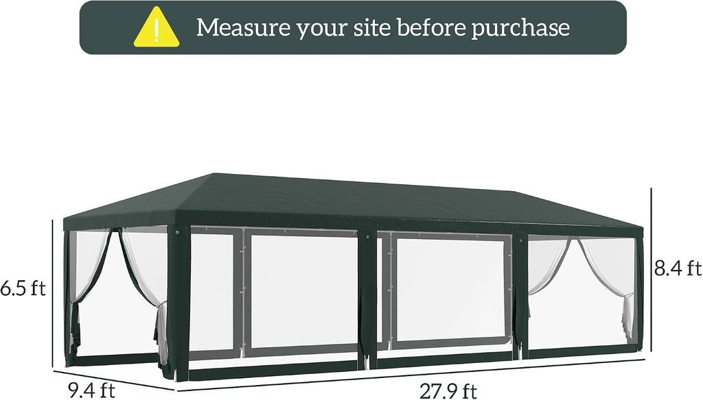 Outsunny 10' x 28' Party Tent, Outdoor Wedding Canopy & Gazebo with Removable Sidewalls, Shade Shelter for Events, BBQs, Green
