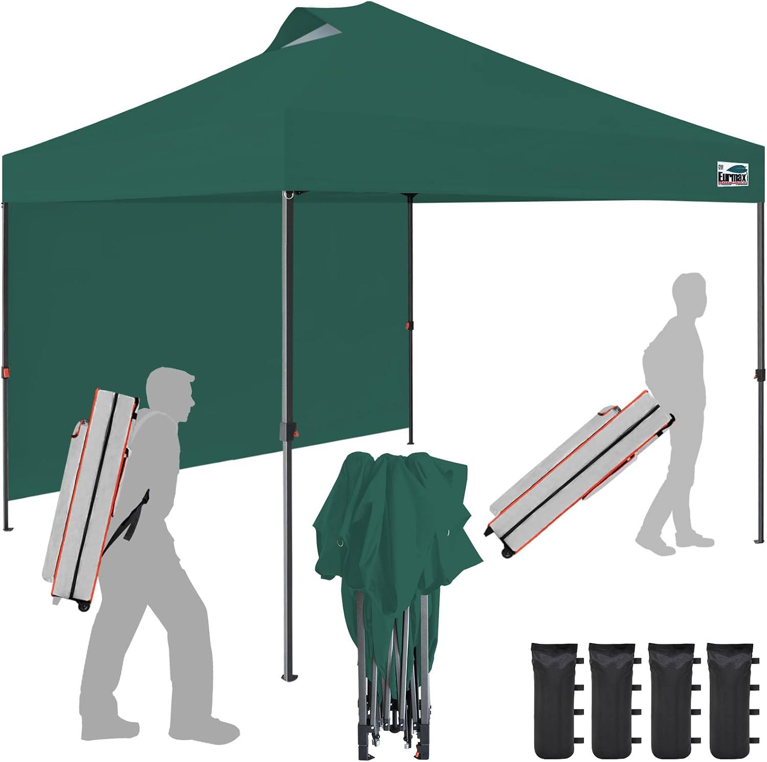 Eurmax USA NOMATTER ONE-Person Open&Close 10x10ft Pop Up Canopy Tent,Portable Shelter for Outdoor Events with 1 Removable Sidewall,Instant Canopies,Temporary Sunshade,Bonus 4 Sand Bags (Forest Green)