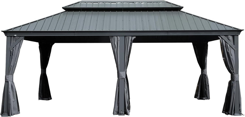GOWE 12' X 18' Hardtop Gazebo Outdoor Metal Gazebo with Galvanized Steel Double Roof Canopy, Aluminum Frame, Curtains and Netting for Patio, Deck, Garden, Grey