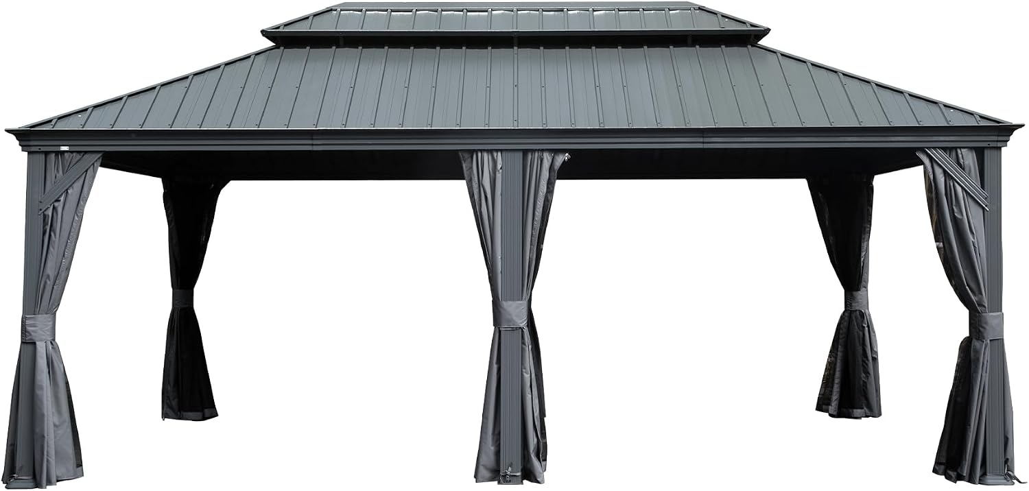GOWE 12' X 18' Hardtop Gazebo Outdoor Metal Gazebo with Galvanized Steel Double Roof Canopy, Aluminum Frame, Curtains and Netting for Patio, Deck, Garden, Grey