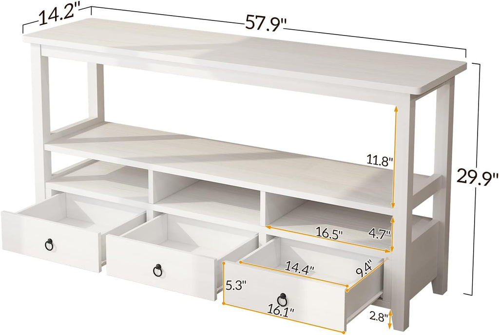 Karl home Console Table with 3 Bottom Drawers, 57.9' W Sofa Side Table Entryway Desk with 3 Storage Cubbies 1 Open Shelf, Vintage TV Stand for Hallway Living Room Office, White 29.9' H