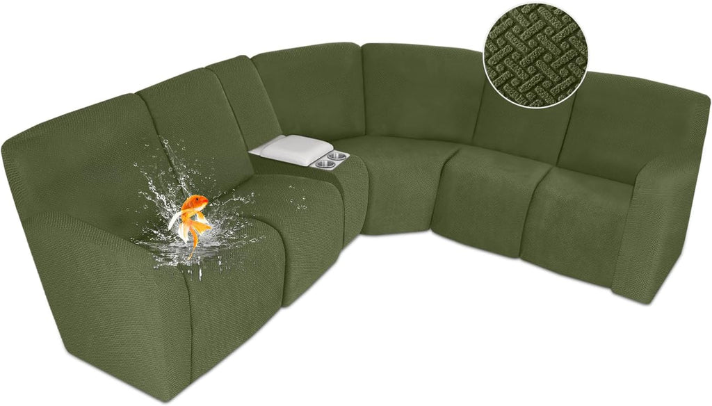 ALIECOM 100% Waterproof Recliner Sectional Couch Covers L Shape Stretch Corner Reclining Sectional Sofa Cover Washable Recliner Slipcover Protector for Dog Pet (5 Seat and 1 Console, Avocado Green)