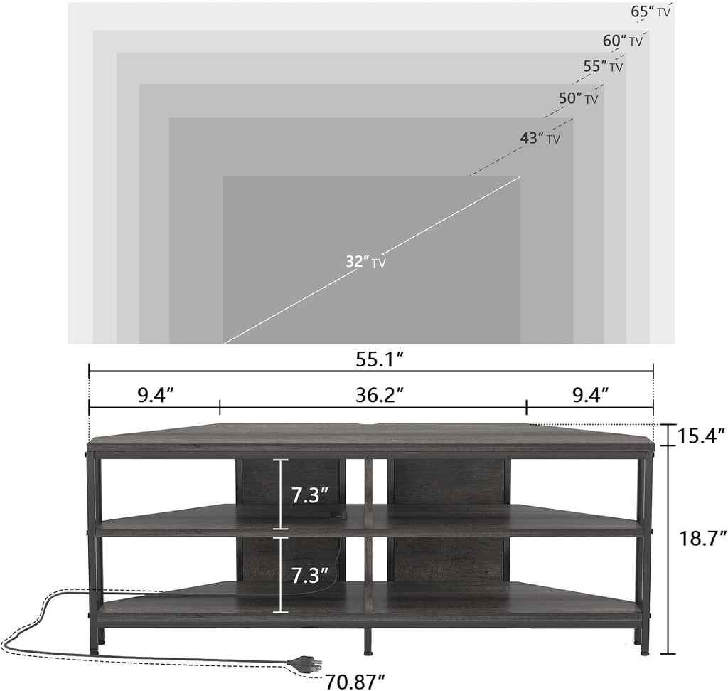MUTUN Corner TV Stand with Power Outlet, Corner TV Stand for 32 43 50 55 60 Inch TV, Corner Entertainment Center, Industrial TV Console Table for Living Room Bedroom, 55 Inch, Grey Oak