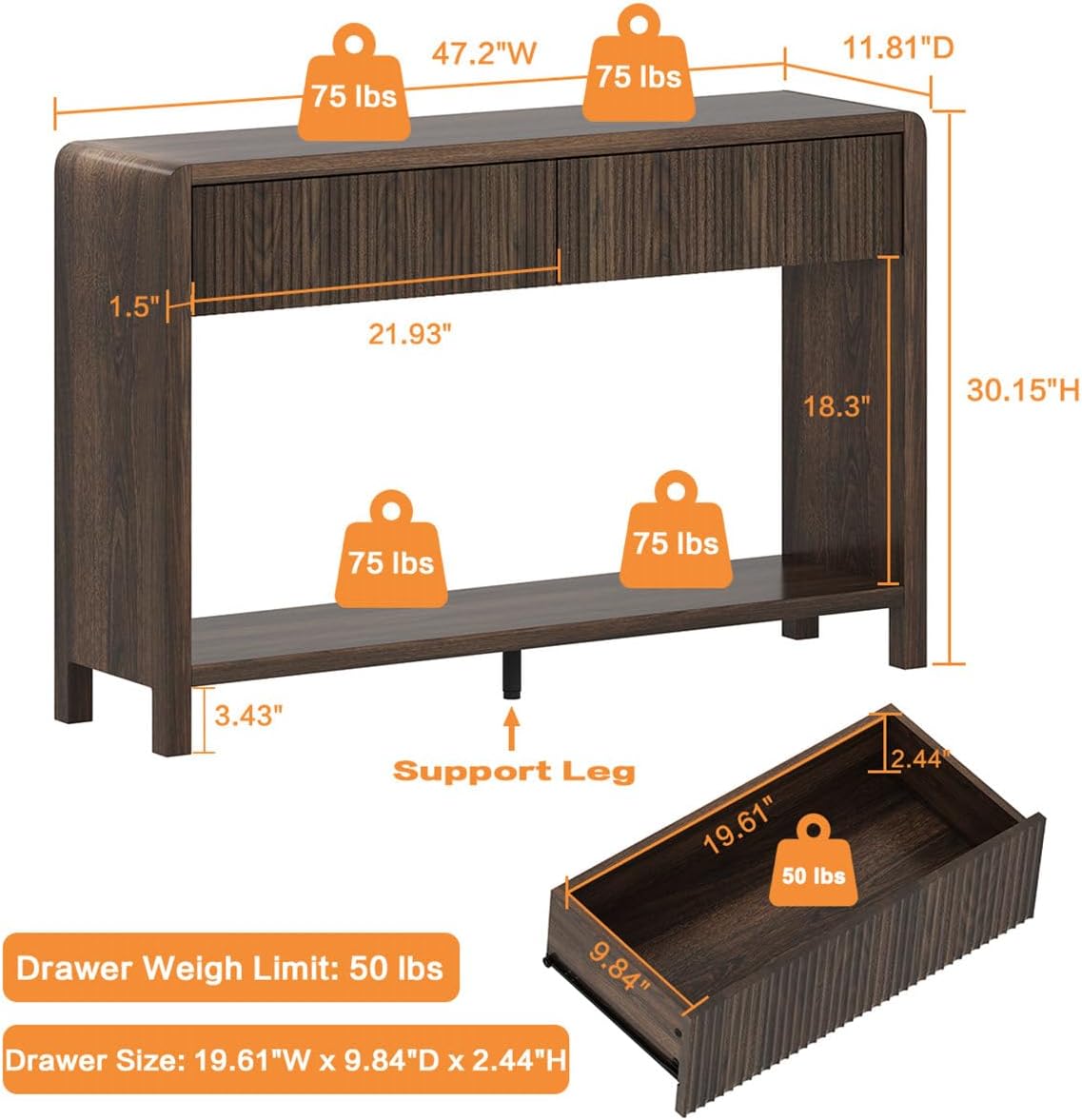FATORRI Console Sofa Table with 2 Drawers, Wood Couch Table Behind Sofa, Farmhouse Entryway Tables for Hallway Storage (47.2 inch, Dark Walnut)