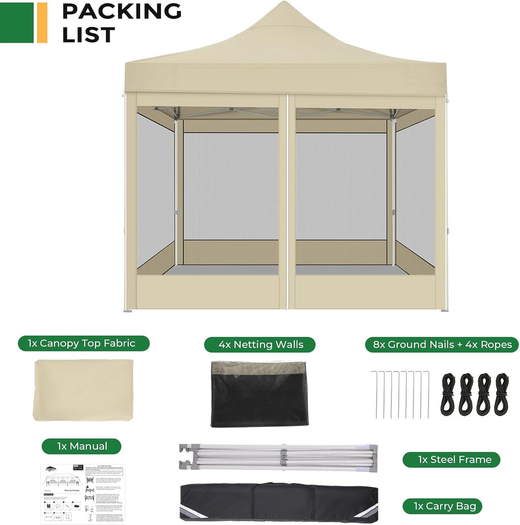 COBIZI 10x10 Heavy Duty Pop Up Canopy Tent with 4 Sidewalls, Easy Set Up Outdoor Waterproof Screen Commercial Party Tent with Mosquito Netting for Parties Backyard Patio, Carry Bag, Khaki