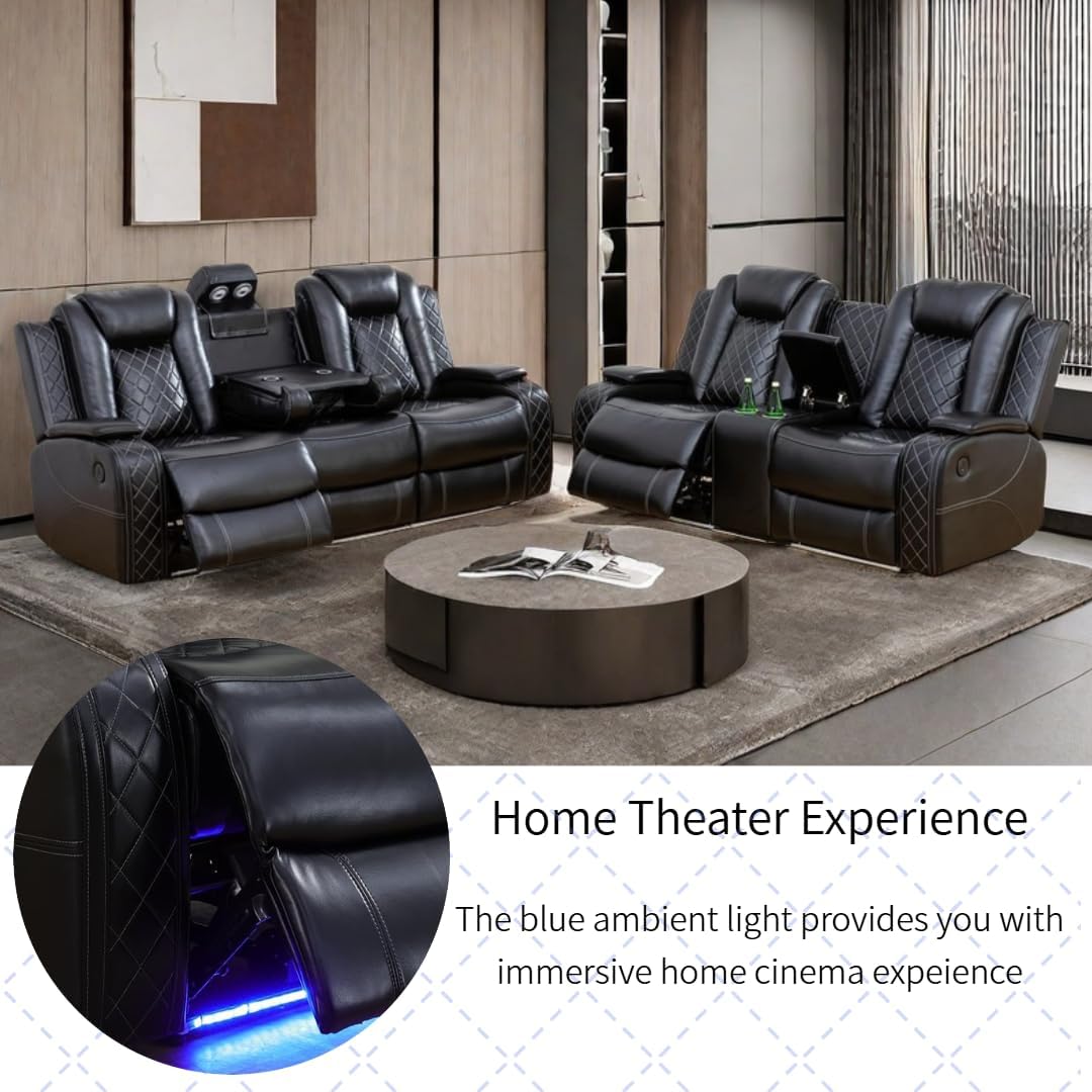 Power Recliner Set with LED Lights, Air Leather Reclining Set with USB Port/Wireless Charger/Storage Console/Cup Holder for House/HomeTheater/Apt (Black, Sofa Loveseat)