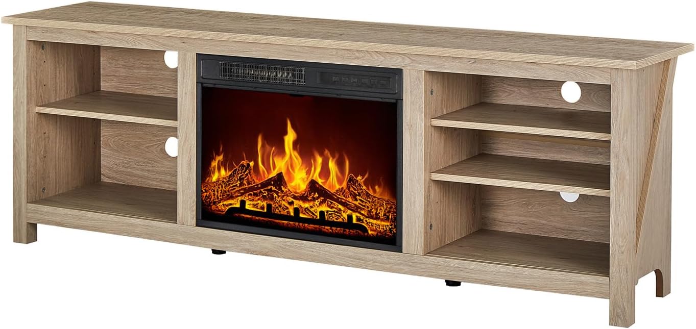 AMERLIFE Fireplace TV Stand, Wood Texture Entertainment Center with 23' Electric Fireplace, Farmhouse Entertainment Stand Media TV Console for TVs Up to 80', 70 inches, Natural Oak