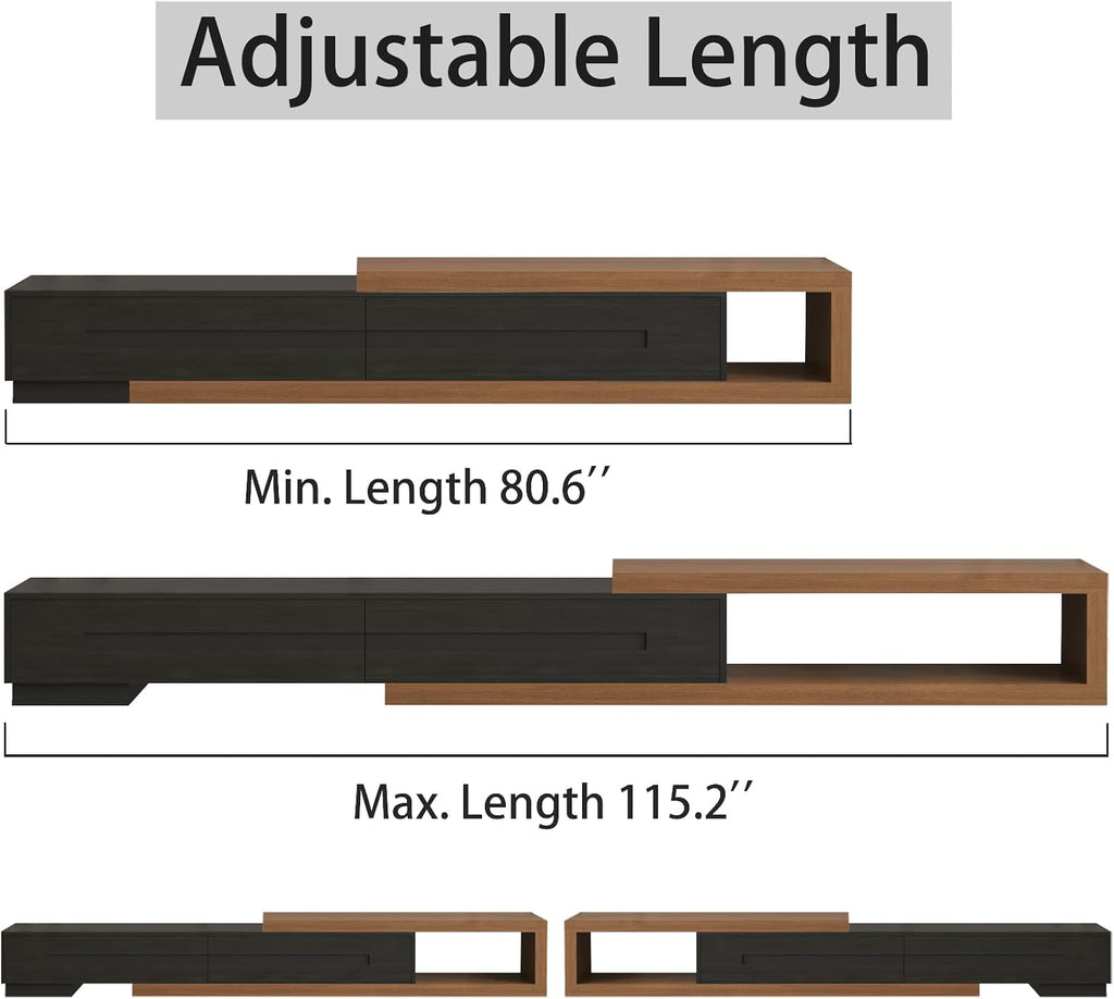 Extendable TV Stand with 2 Drawers, 80'-115' Modern Wood TV Console for Up to 120 Inch TV, Long Reversible Entertainment Center with Storage for Living Room Bedroom, Black& Walnut