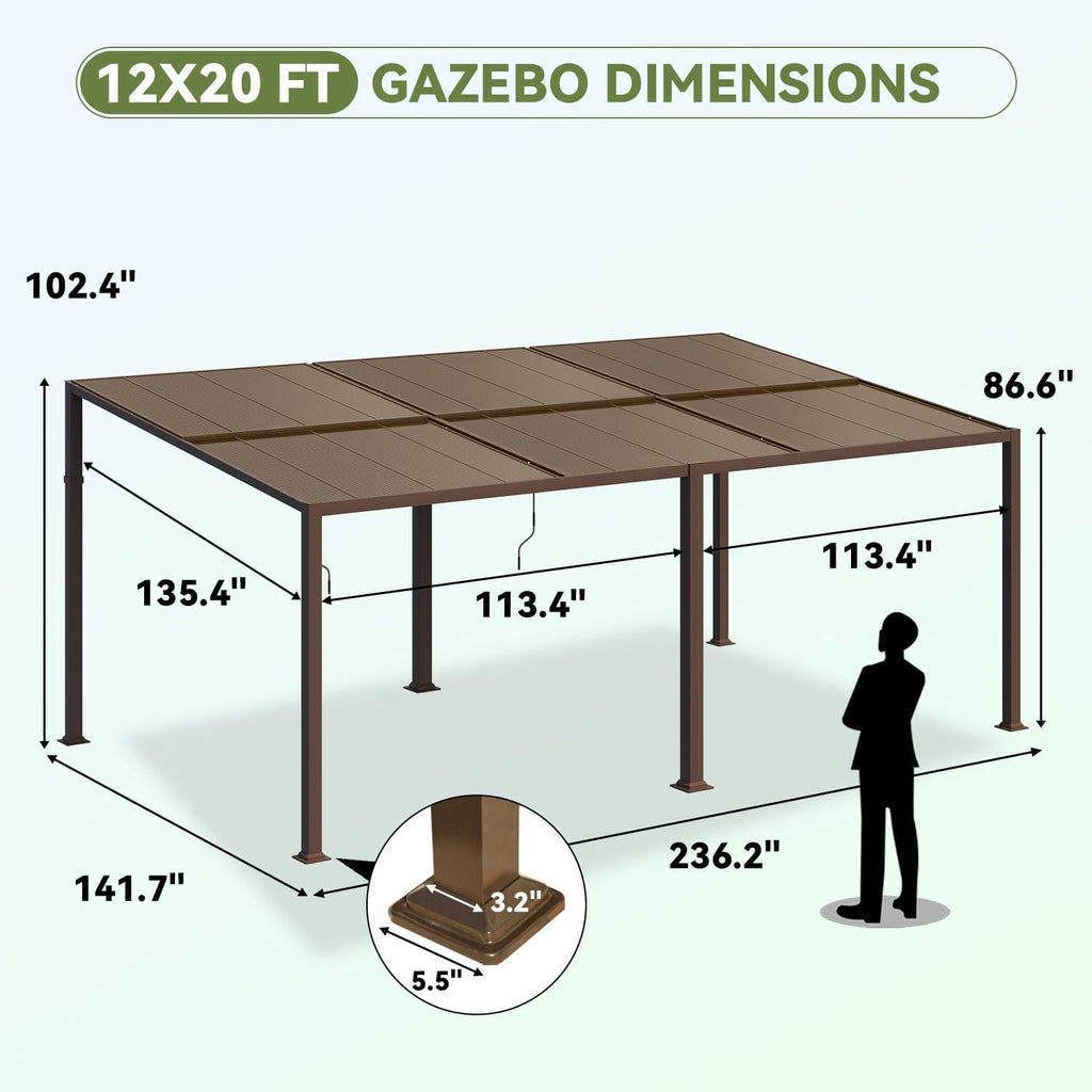 MELLCOM 12x20 Gazebo with Adjustable Polycarbonate Roofs, All Aluminum Frame Permanent Pergola for Patio, Outdoor Freestanding Shelter, Dark Brown