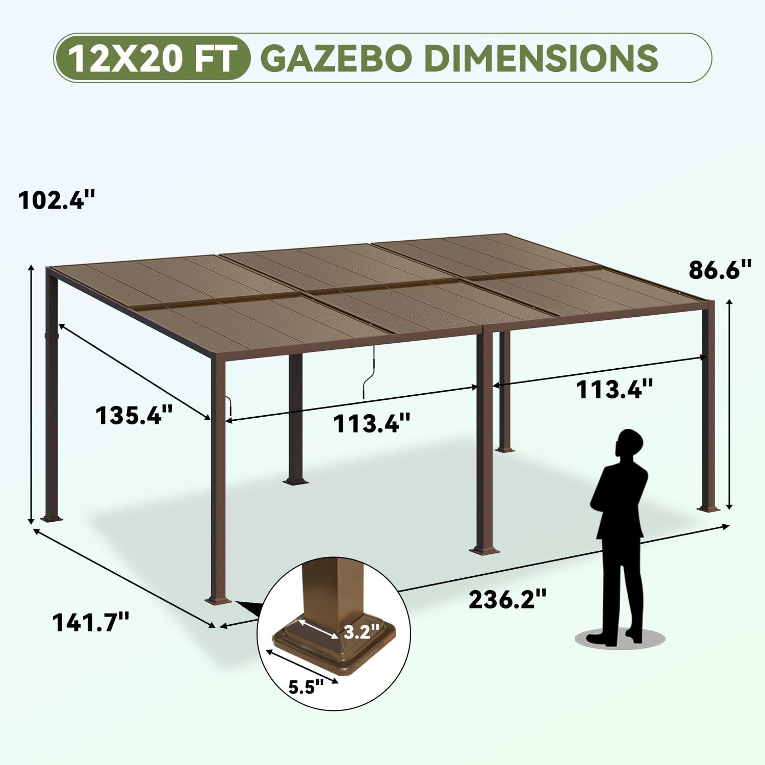 MELLCOM 12x20 Gazebo with Adjustable Polycarbonate Roofs, All Aluminum Frame Permanent Pergola for Patio, Outdoor Freestanding Shelter, Dark Brown