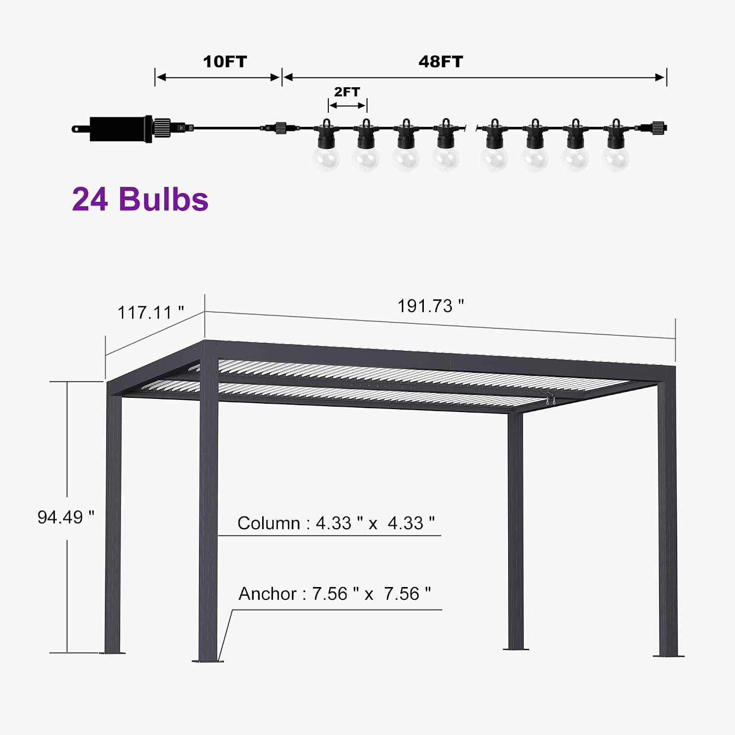 PURPLE LEAF Louvered Pergola 10' x 16' Outdoor Aluminum Pergola with Hidden Drainage System and White Adjustable Sun Shade Roof Patio Hardtop Large Pergolas with Light for Patio Poolside Spa
