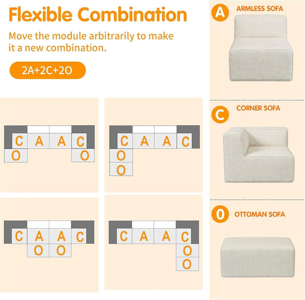 136' 6-Piece Sectional Sofa Modular Couches,L-U-Shaped with Chaise,for Living Room,Compressed Foam No Assembly,for Living Room (2xArmless Corner Ottoman) Fabric Chenille Beige