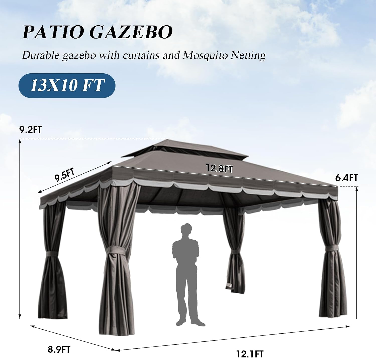 10x13 Gazebo for Patio, Outdoor Gazebo with Mosquito Netting & Curtains, Double Tier Roof Round Leg Marquee Canopy Shelter for Garden, Deck, Backyard, Lawn (D/Gry)