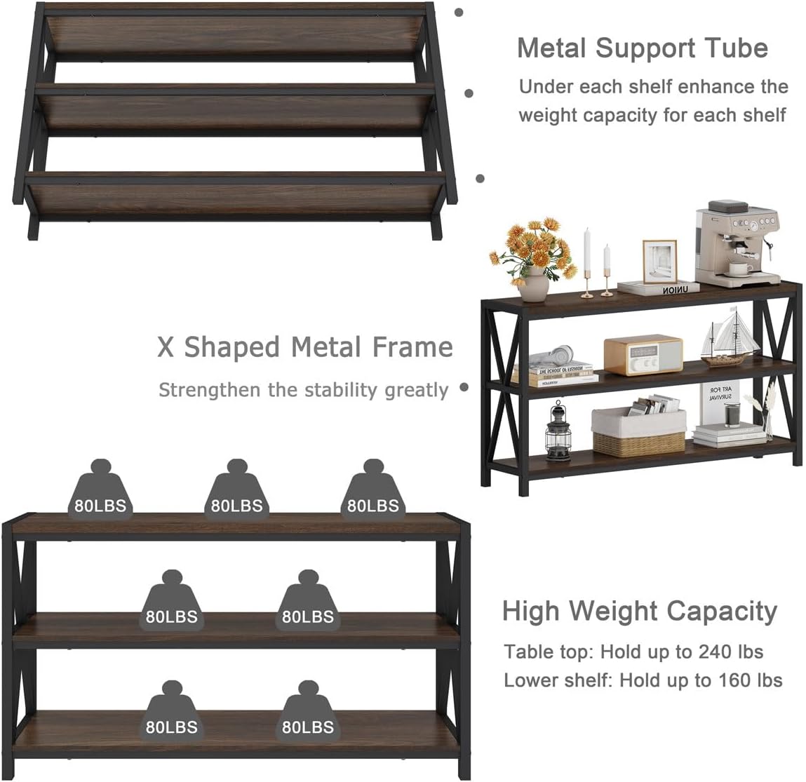 FATORRI Console Table for Entryway, Modern Entry Hallway Table with 3 Tier Shelves, Couch Tables Behind Sofa for Living Room, 55 Inch, Dark Walnut
