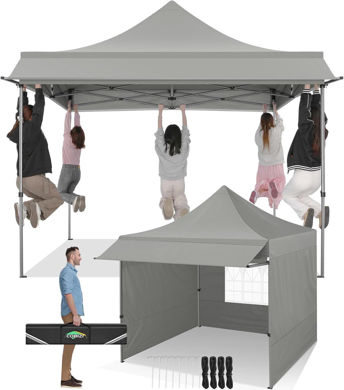 COBIZI 10x10 Pop Up Canopy Tent with Awning,Heavy Duty Canopy UPF 50+ All Season Wind Waterproof Commercial Outdoor Street Vendors Party Tents for Parties Canopy with Carry Bag(10 x 10 ft Gray)