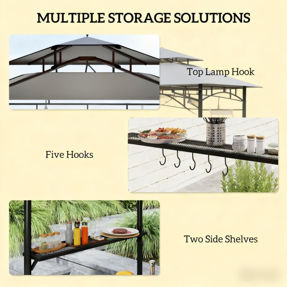 GOWE Barbecue Gazebo Shelter,Outdoor Grill Gazebo,with Side Awning,Side Shelves and Hooks