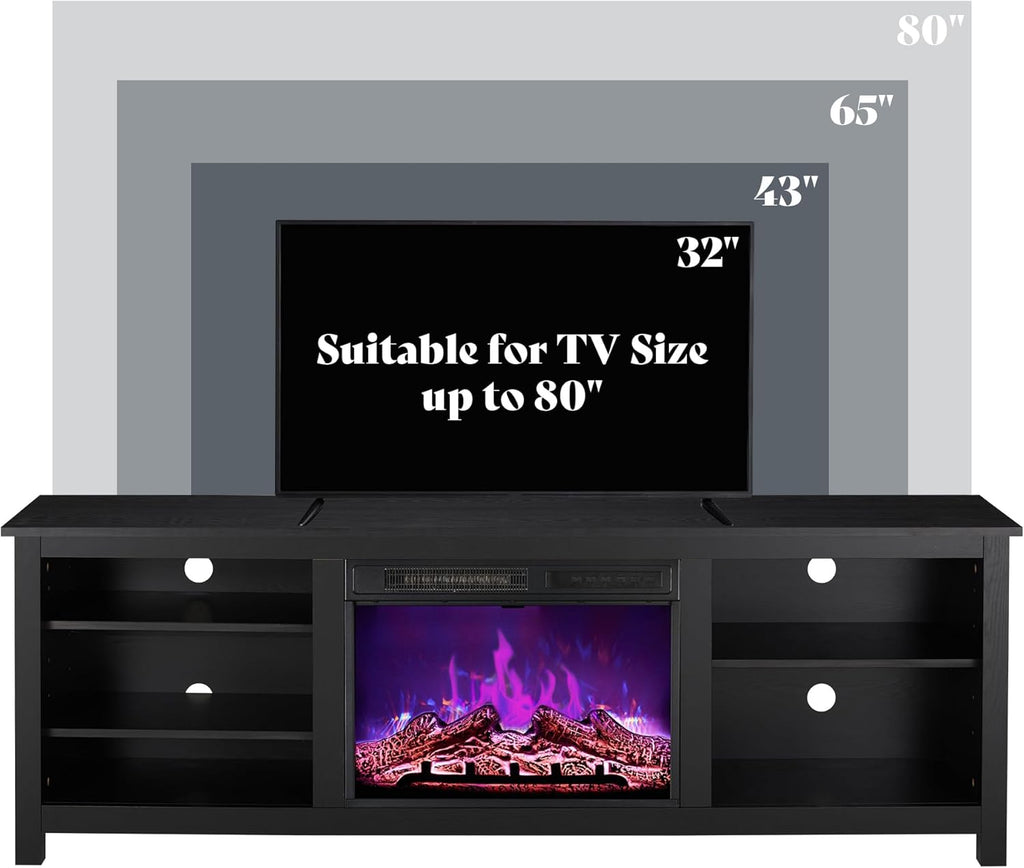 AMERLIFE Fireplace TV Stand, Wood Texture Entertainment Center with 23'' Electric Fireplace, Farmhouse Entertainment Stand Media TV Console for TVs Up to 80'', 70 inches, Black